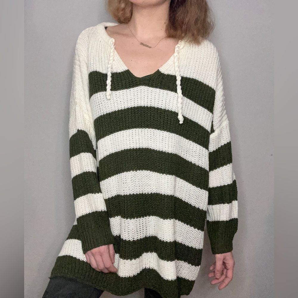 She and Sky Green Creme Striped Crochet Knit Oversized Sweater